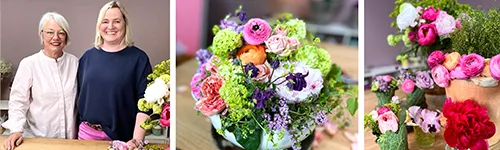Zwei Frauen stehen nebeneinander, lächelnd in die Kamera. Rechts daneben zwei Bilder von bunten Blumenarrangements in Vasen, bestehend aus Rosen, Ranunkeln und grünen Blattschmuck. Hintergrund leicht unscharf.