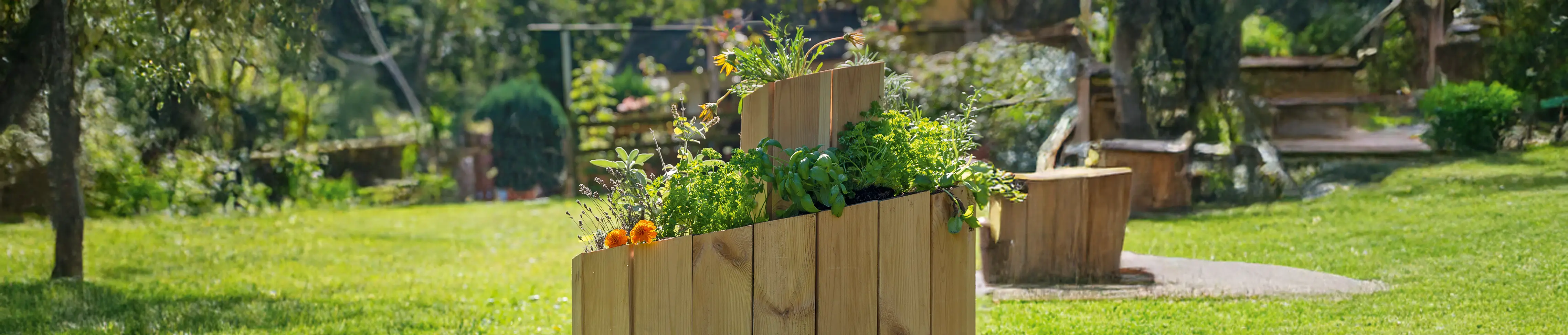 Kr&auml;uterspirale aus Kiefernholz steht bepflanzt in einem Garten. 