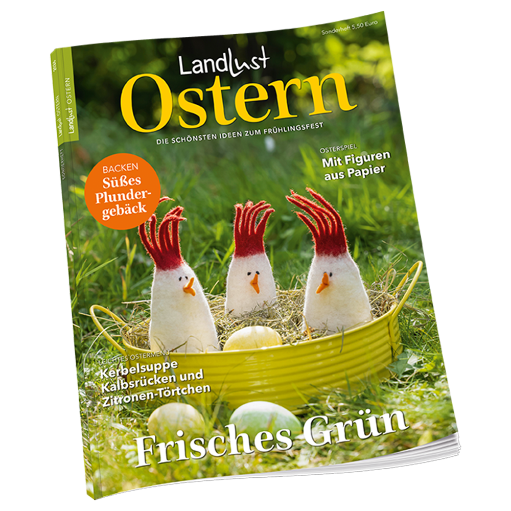 Ein Magazin mit dem Titel "Landlust Ostern" zeigt auf dem Cover eine Szene mit wei&szlig;en, flauschigen H&uuml;hner-Pl&uuml;schtieren in einer gelben Metallschale welche mit Stroh gef&uuml;llt ist. Umrundet sind die H&uuml;hner auf einer Graswiese mit  bunten Eiern