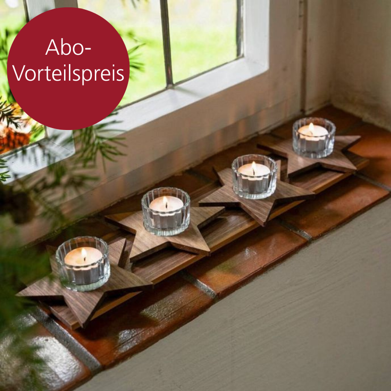Ein Kerzenhalter mit vier Sternen in denen sich Teelichter befinden, steht auf einer Fensterbank.