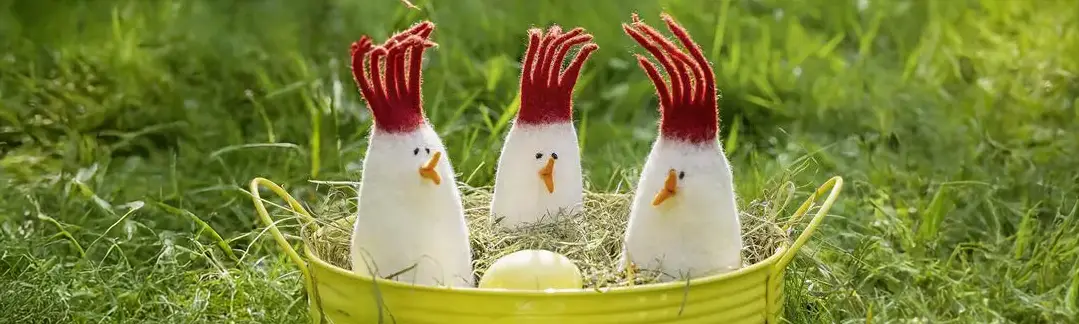 Drei wei&szlig;e Pl&uuml;schh&uuml;hner sitzen in einem Strohnest auf einer Wiese.