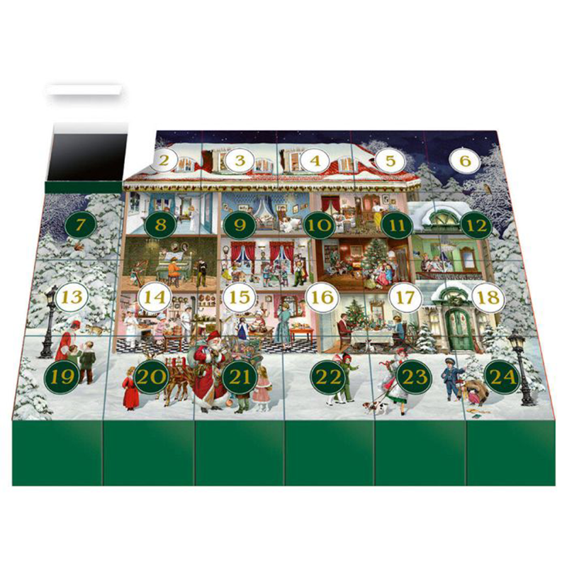 Eine Box mit einem Puzzle-Adventskalender. Einige Türen sind schon geöffnet