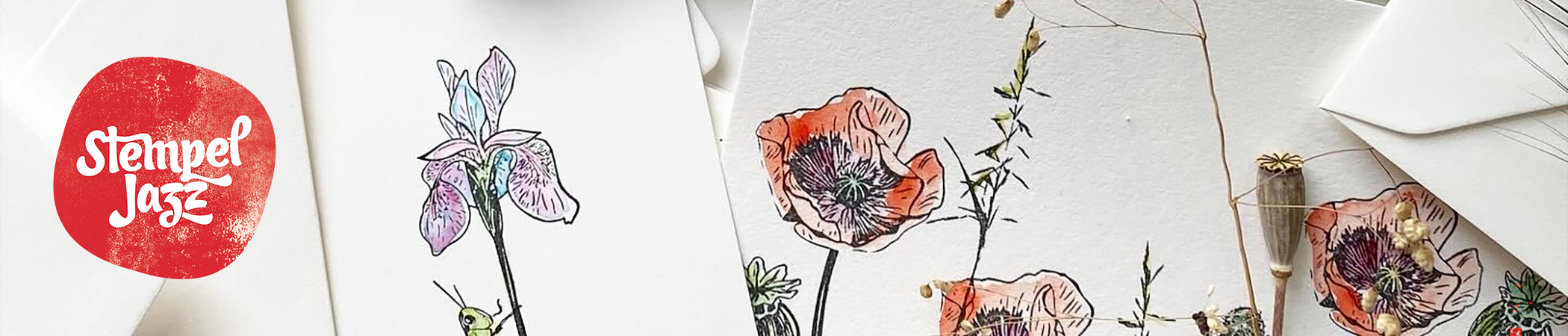 Illustration von roten Mohnblumen und bunter Iris mit Grash&uuml;pfer auf wei&szlig;em Papier, kombiniert mit zarten schwarzen Linien.