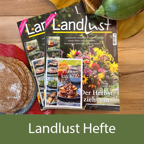 Zwei &bdquo;Landlust&ldquo;-Magazine liegen auf Holztisch, daneben gr&uuml;ne Zucchini und Stapel goldbrauner Pfannkuchen. Bild verlinkt zu dem neuen Landlust Heft.