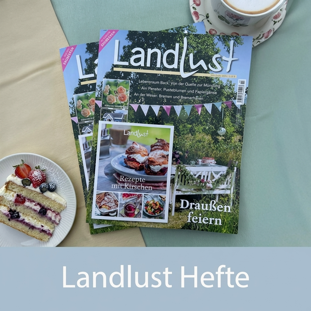 Ein „Landlust“-Magazin liegt auf einem hellen Untergrund, umgeben von unterschiedlichen Stoffen, einem Kuchenstück und einer Tasse. Bild verlinkt zu dem neuen Landlust Heft.