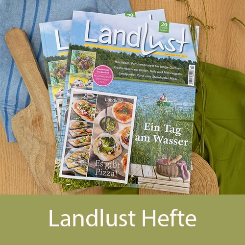 Eine Gruppe von „Landlust“-Magazinen liegt auf einem Holztisch, umgeben von einem grünen und blauen Tuch und einem Holzbrett. Ein Heft zeigt einen See auf dem Cover, ein weiteres Heft thematisiert Pizza. Bild verlinkt zu den Landlust Heften.