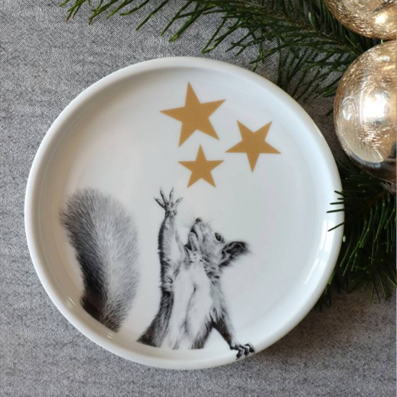 Ein weißer Teller auf dem ein Eichhörnchen in schwarz-weiß gezeichnet wurde. Auch goldene Sterne befinden sich darauf.