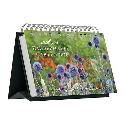Auf dem Zauberhafte Gärten Kalender ist ein wilder Garten mit roten und blauen Blumen abgebildet.