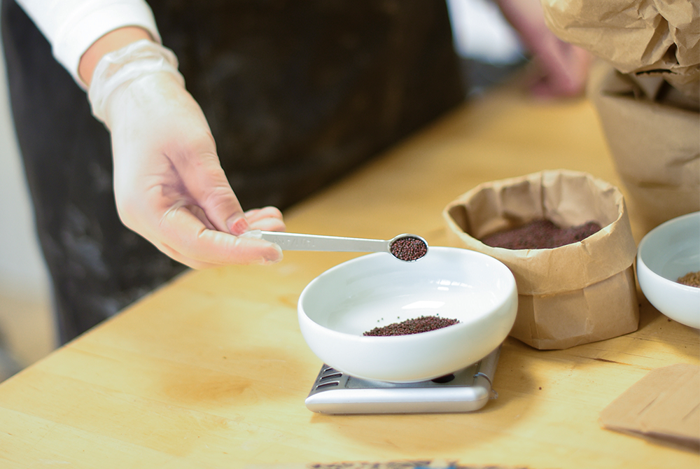 Eine Person wiegt Samen ab und füllt sie von einer Tüte in eine Schüssel. Sie trägt weiße Handschuhe