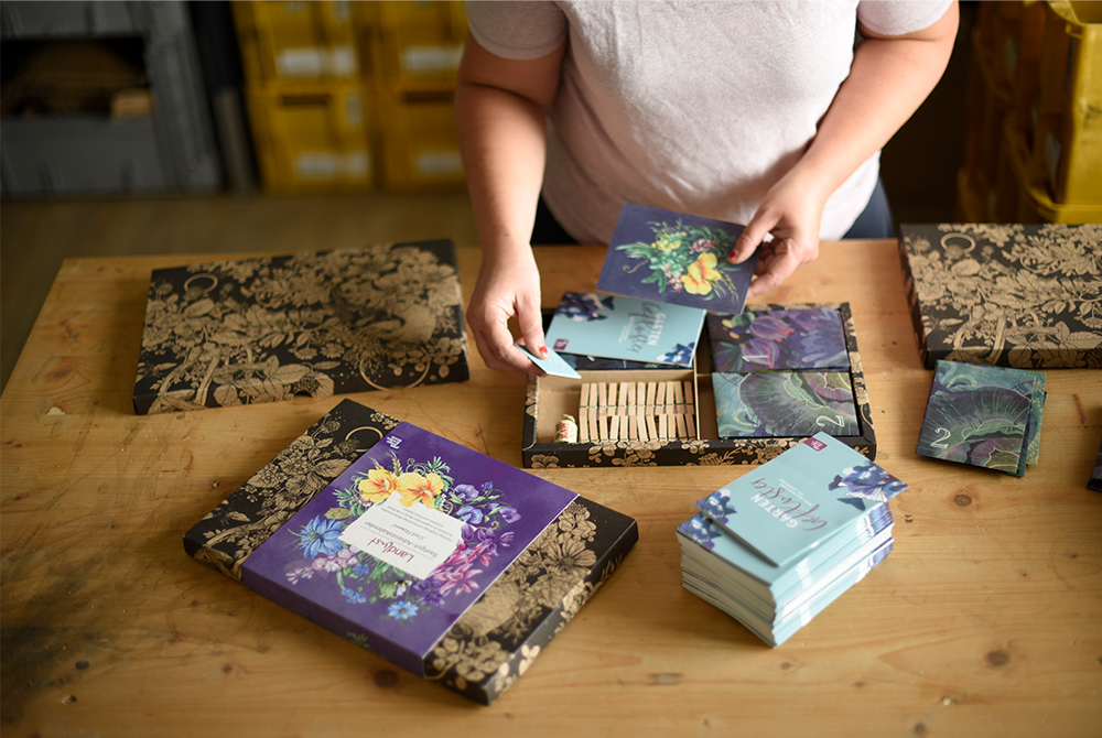 Eine Person verpackt den Landlust Saatgut-Adventskalender. Die Einzelteile liegen auf einem Holztisch und werden in die Schachtel gelegt.